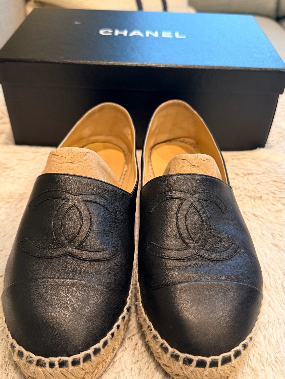 CHANEL Black Leather Espadrilles with CC Logo
